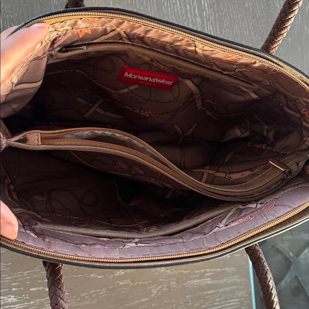 Montana West Pewter Brown Faux Leather Concealed Carry Bag Tote Braided Details - Picture 4 of 15